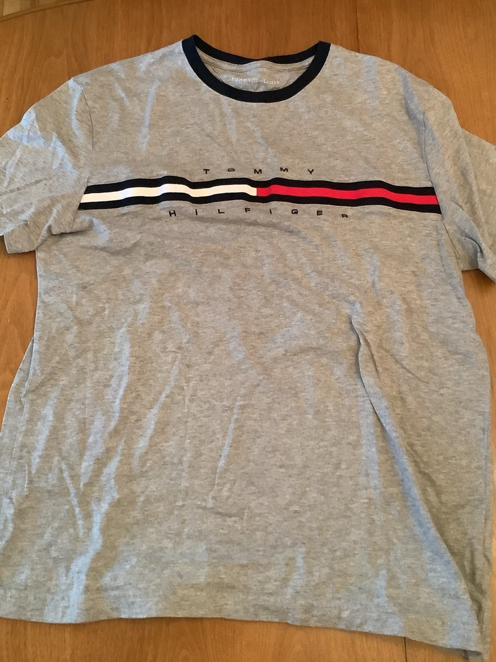 Tommy Hilfiger Men’s Grey Logo Stripe Crew Neck T-Shirt